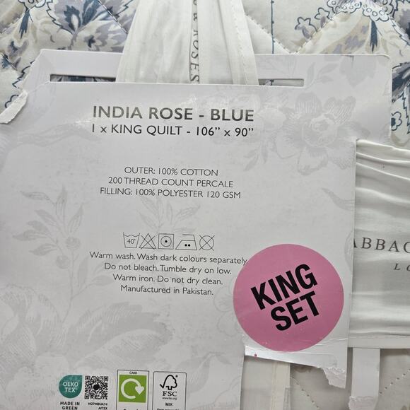 Cabbages & Roses KING Quilt India Rose Grey Blue White Floral Embroidered Cottag - Picture 6 of 7